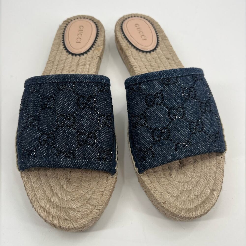 Gucci GG Denim Crystal Espadrille Slide Sandal Blue 772146 39.5 Womens‎